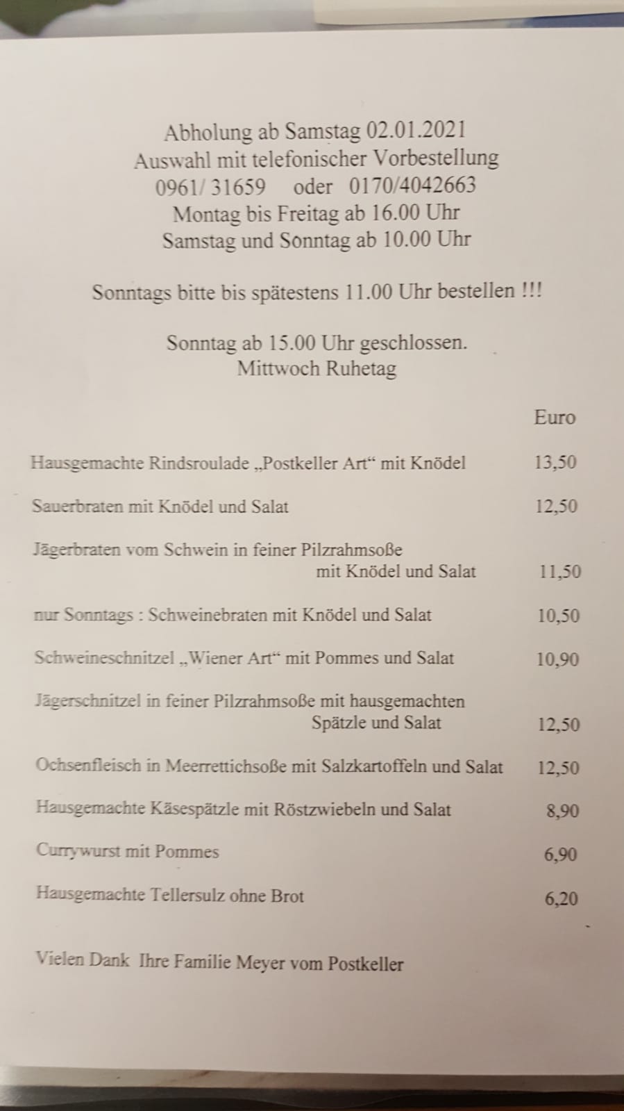Speisekarte – Postkeller Weiden